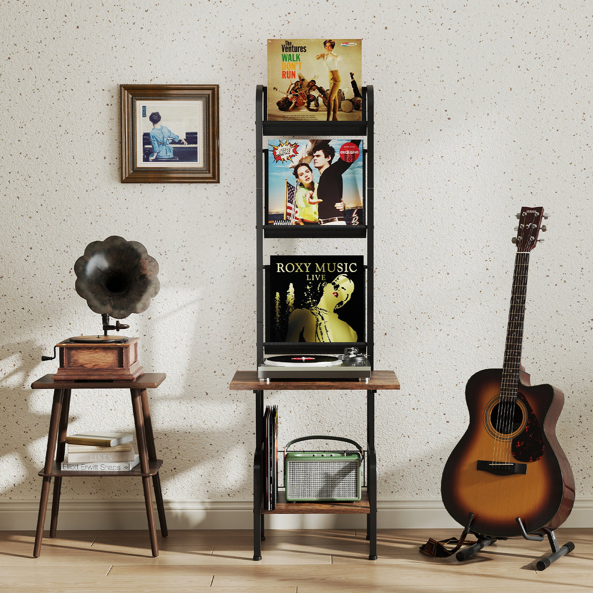 5-Tier Record Player Stand with Vinyl Display Shelf, Rustic Brown