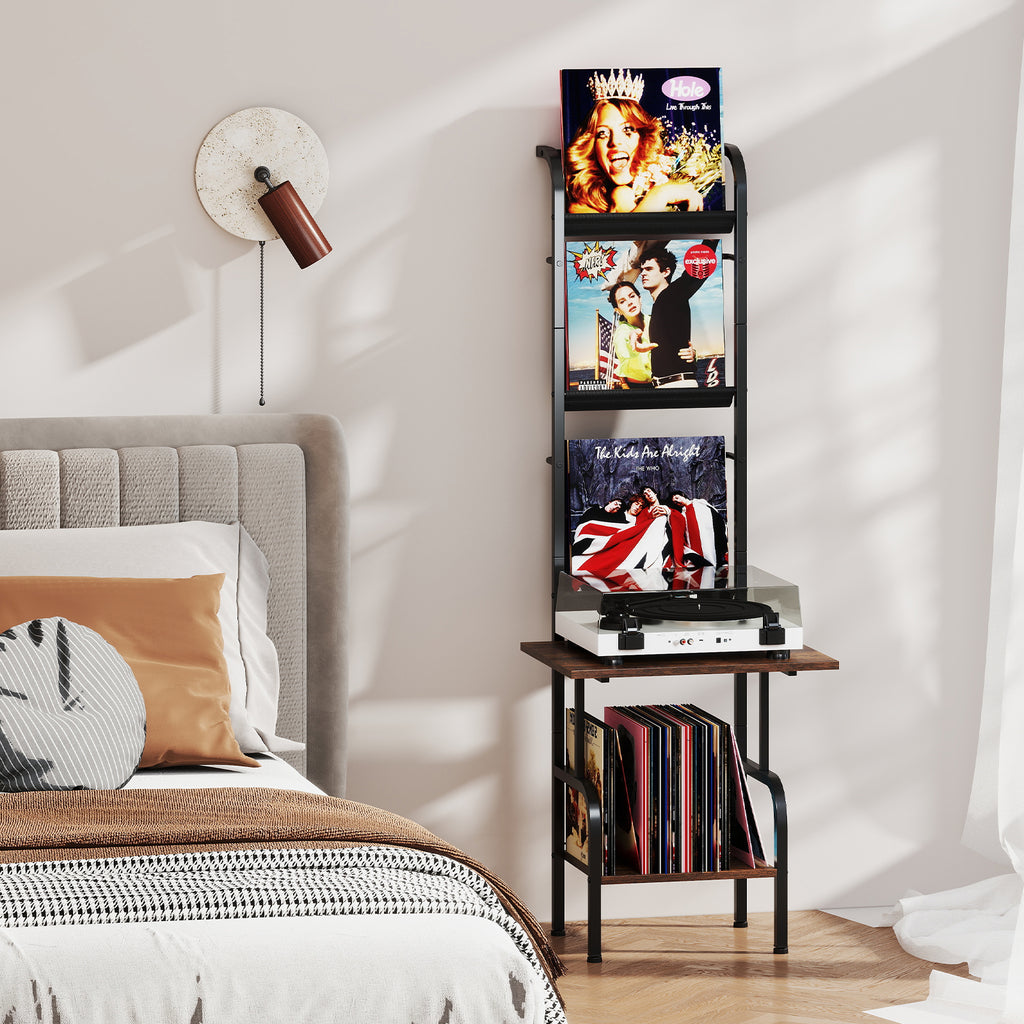 5-Tier Record Player Stand with Vinyl Display Shelf, Rustic Brown