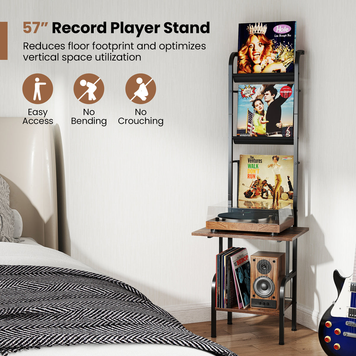 5-Tier Record Player Stand with Vinyl Display Shelf, Rustic Brown
