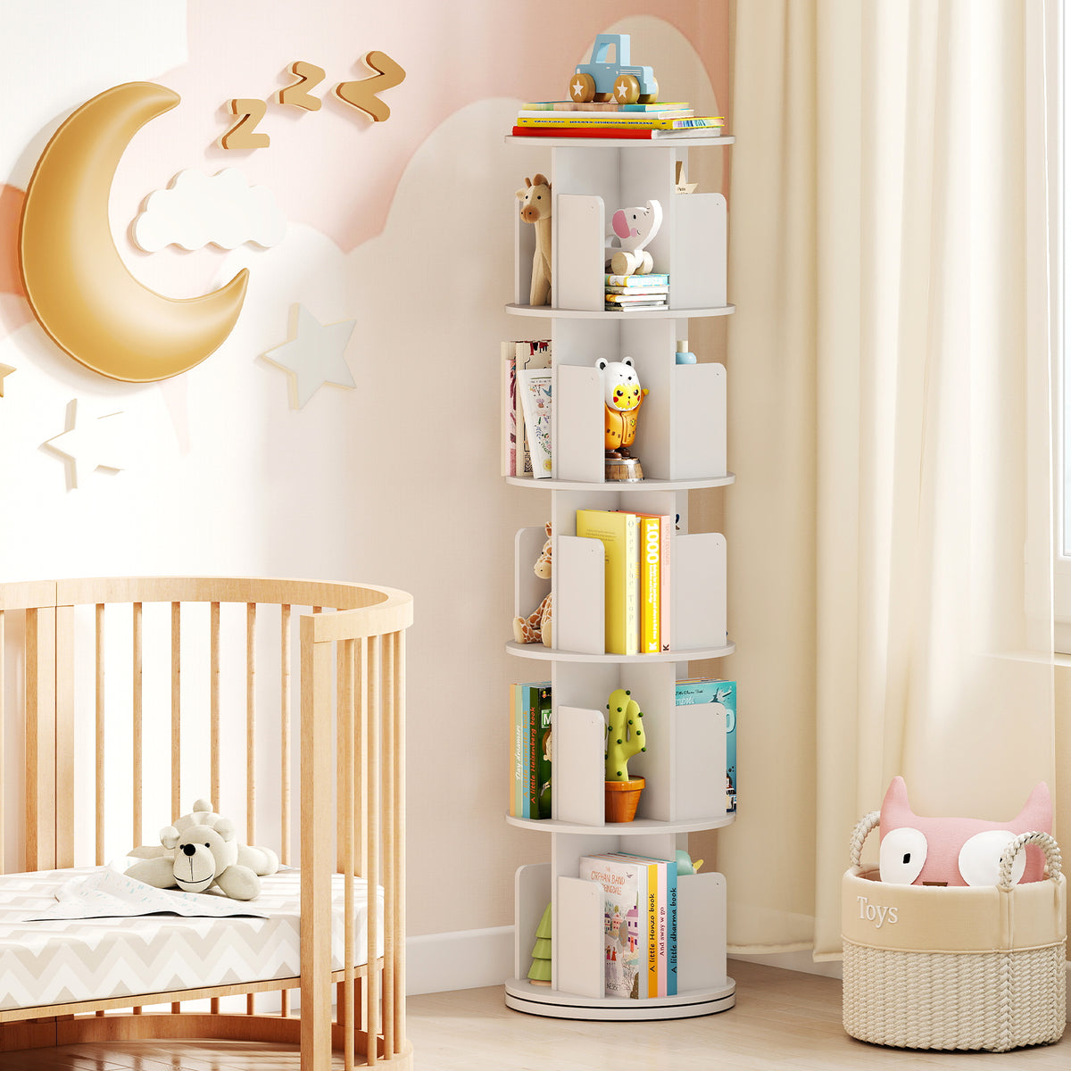 5-Tier Rotating Bookshelf 360° Display Rack with Dividers and