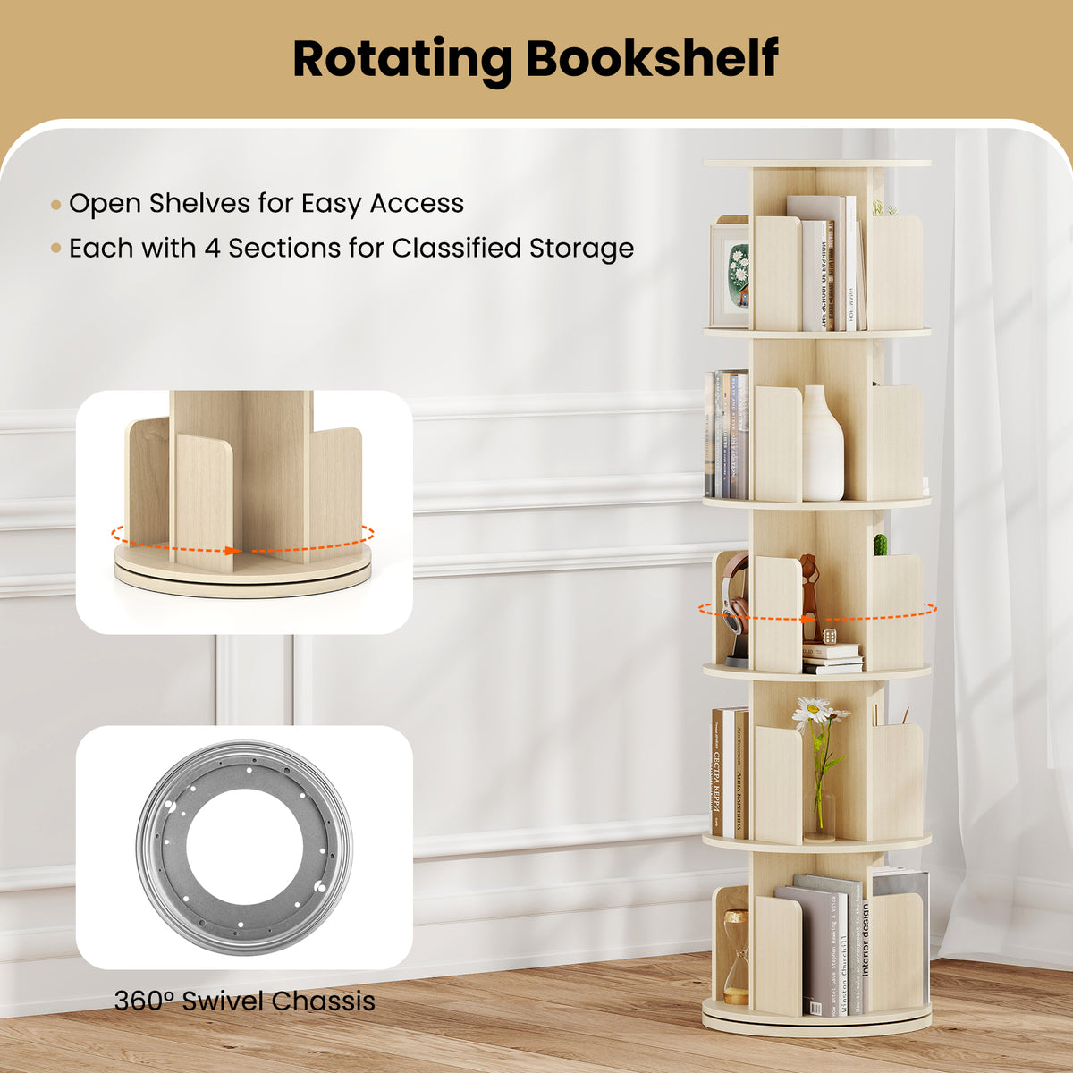 5-Tier Rotating Bookshelf 360° Display Rack with Dividers and