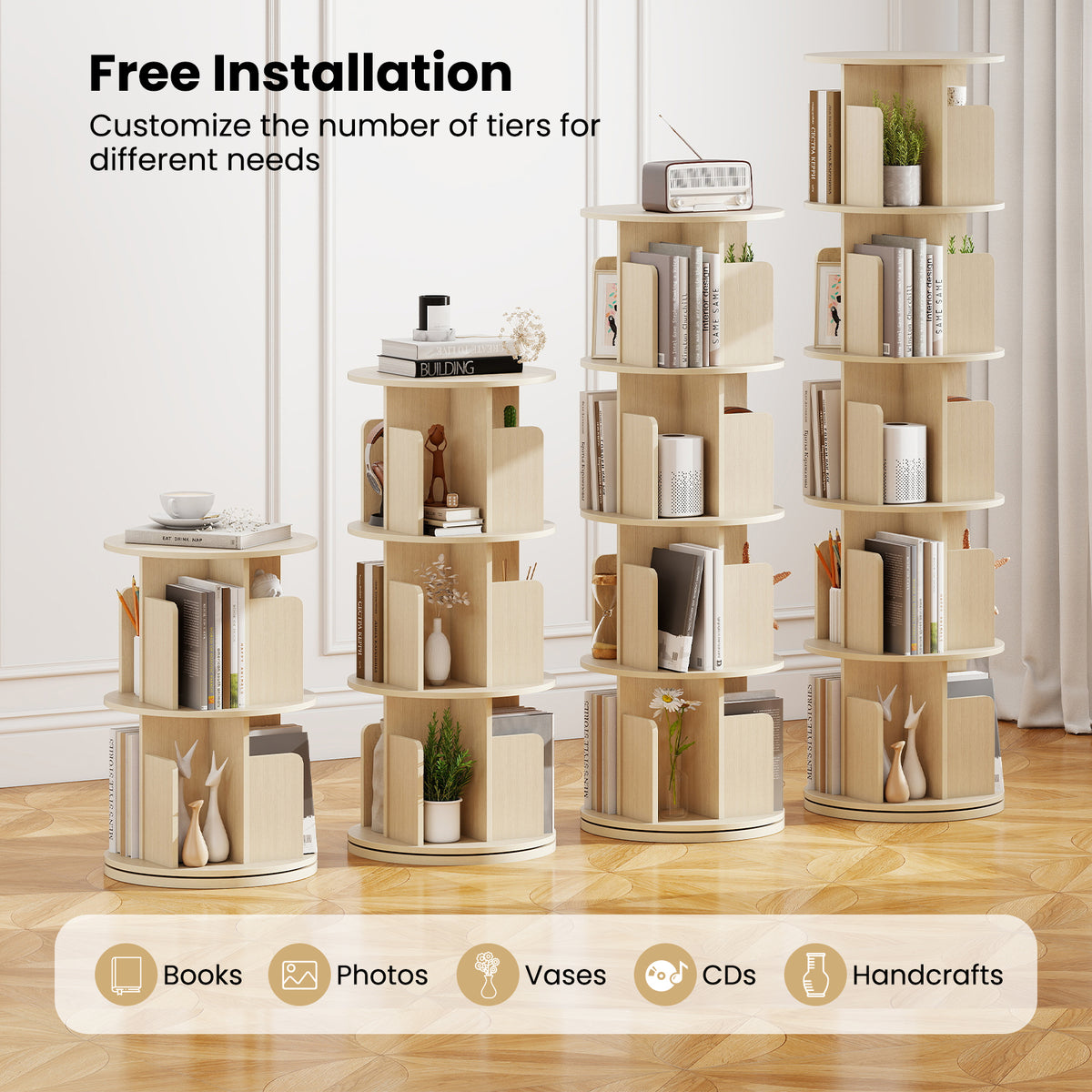 5-Tier Rotating Bookshelf 360° Display Rack with Dividers and