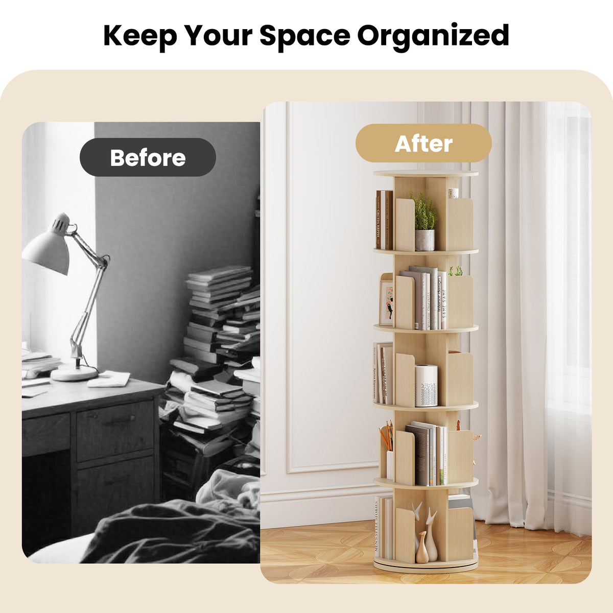 5-Tier Rotating Bookshelf 360° Display Rack with Dividers and