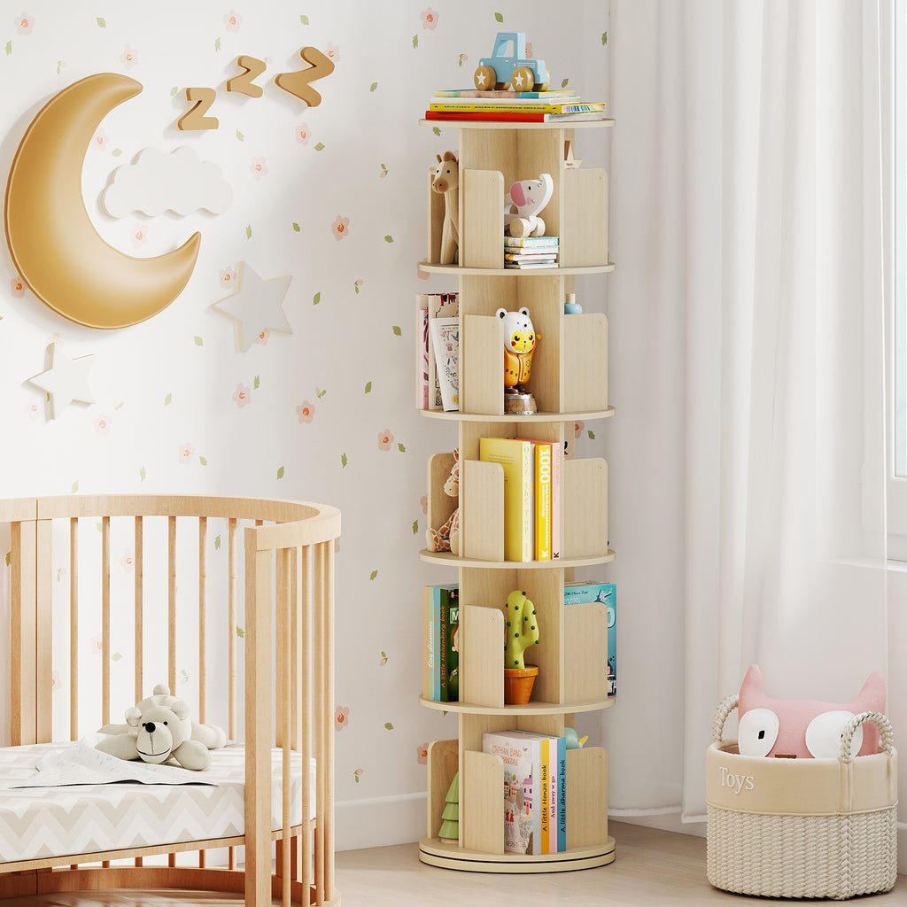 5-Tier Rotating Bookshelf 360° Display Rack with Dividers and