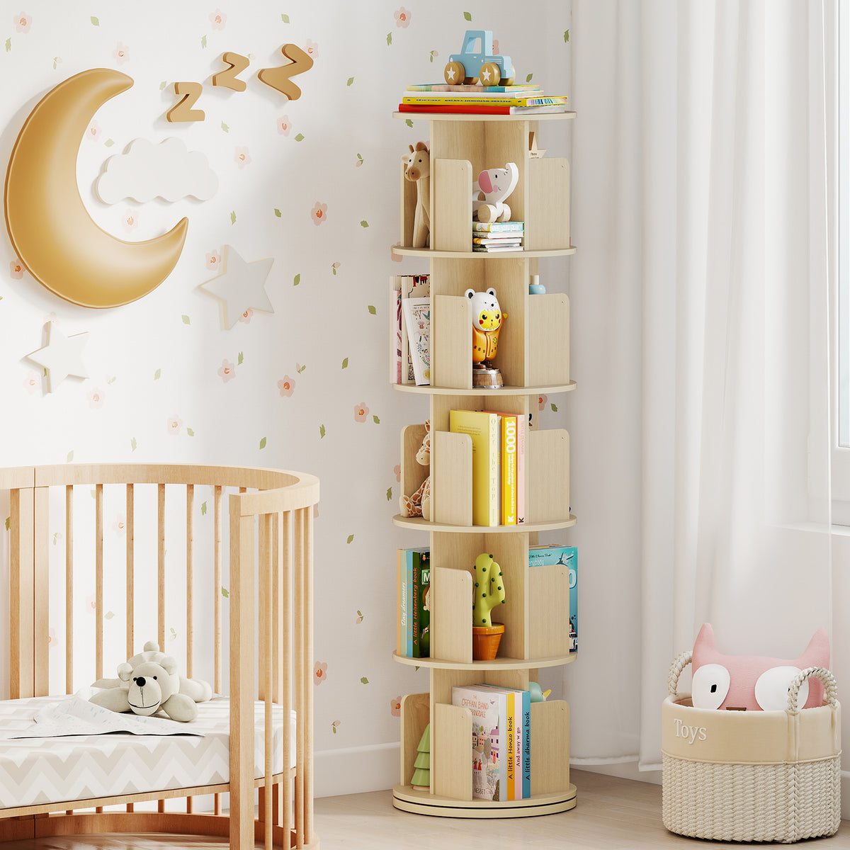 5-Tier Rotating Bookshelf 360° Display Rack with Dividers and