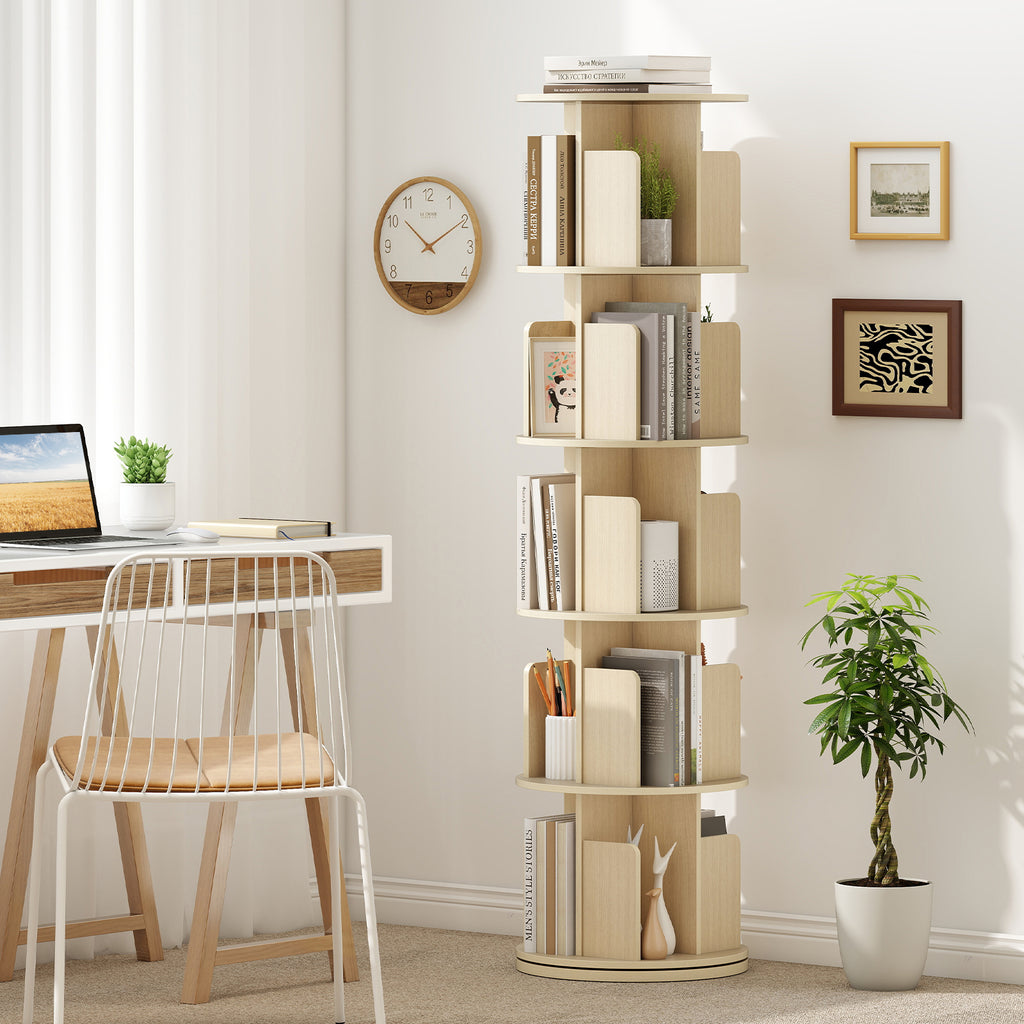 5-Tier Rotating Bookshelf 360° Display Rack with Dividers and