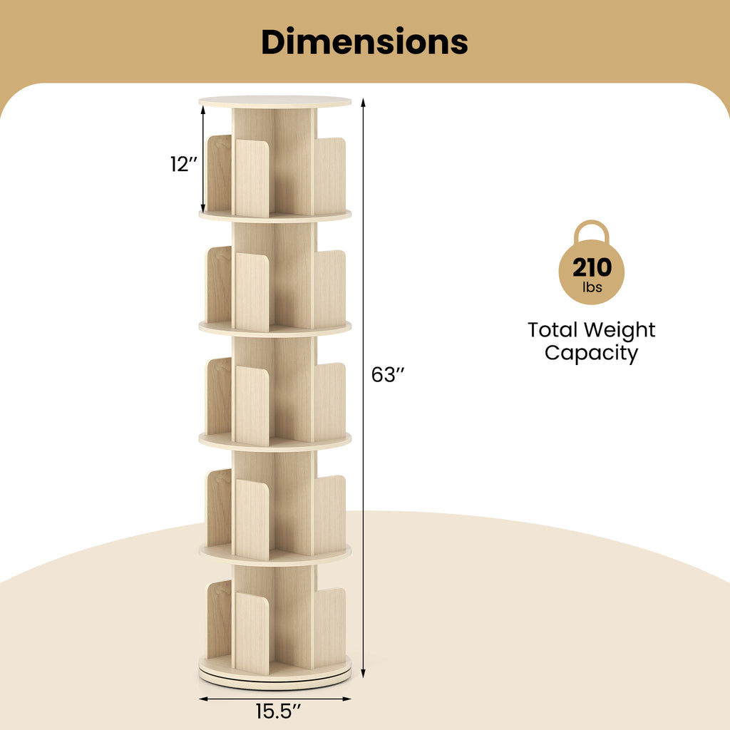 5-Tier Rotating Bookshelf 360° Display Rack with Dividers and