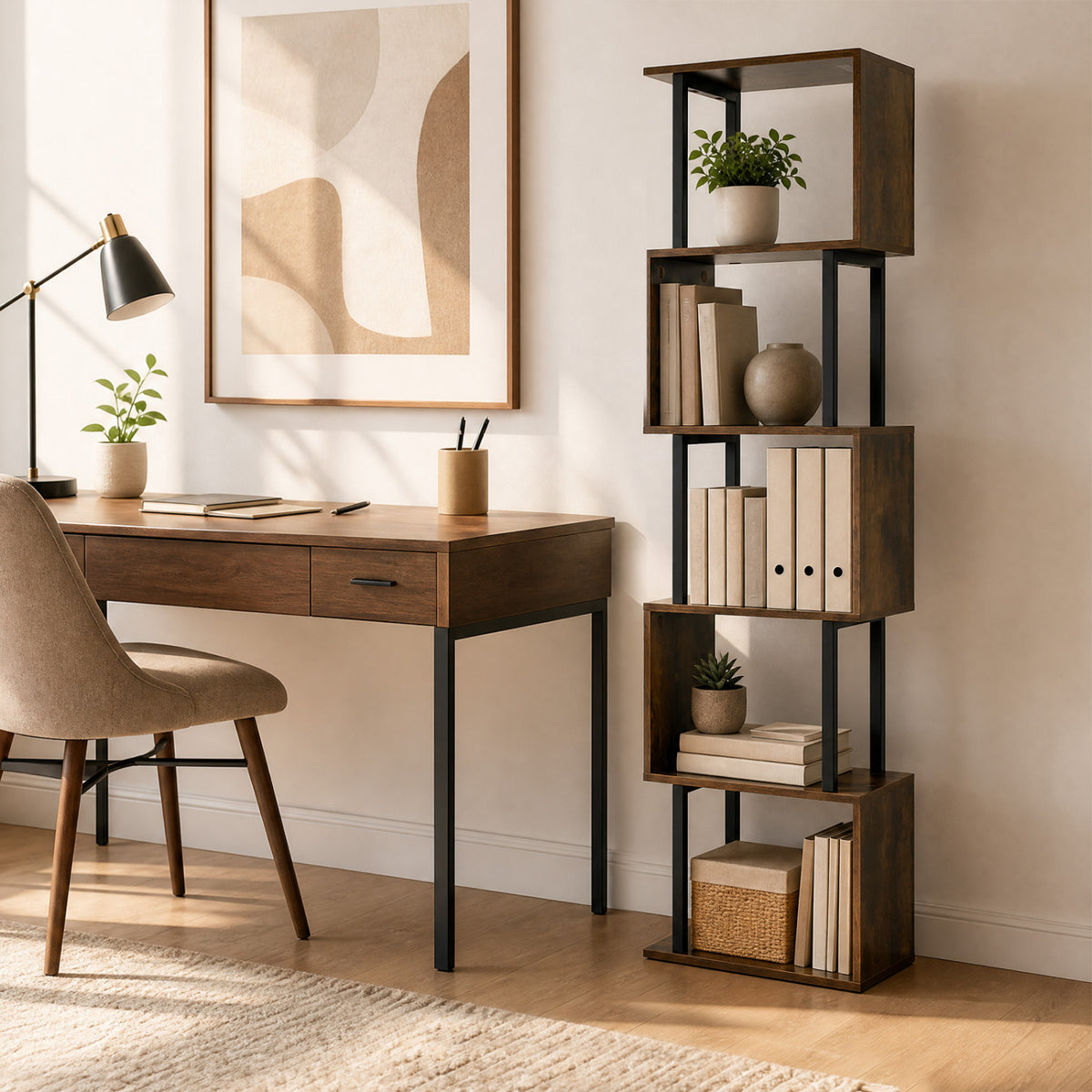 5-Tier S-Shaped Bookshelf with Open Storage - Rustic Brown
