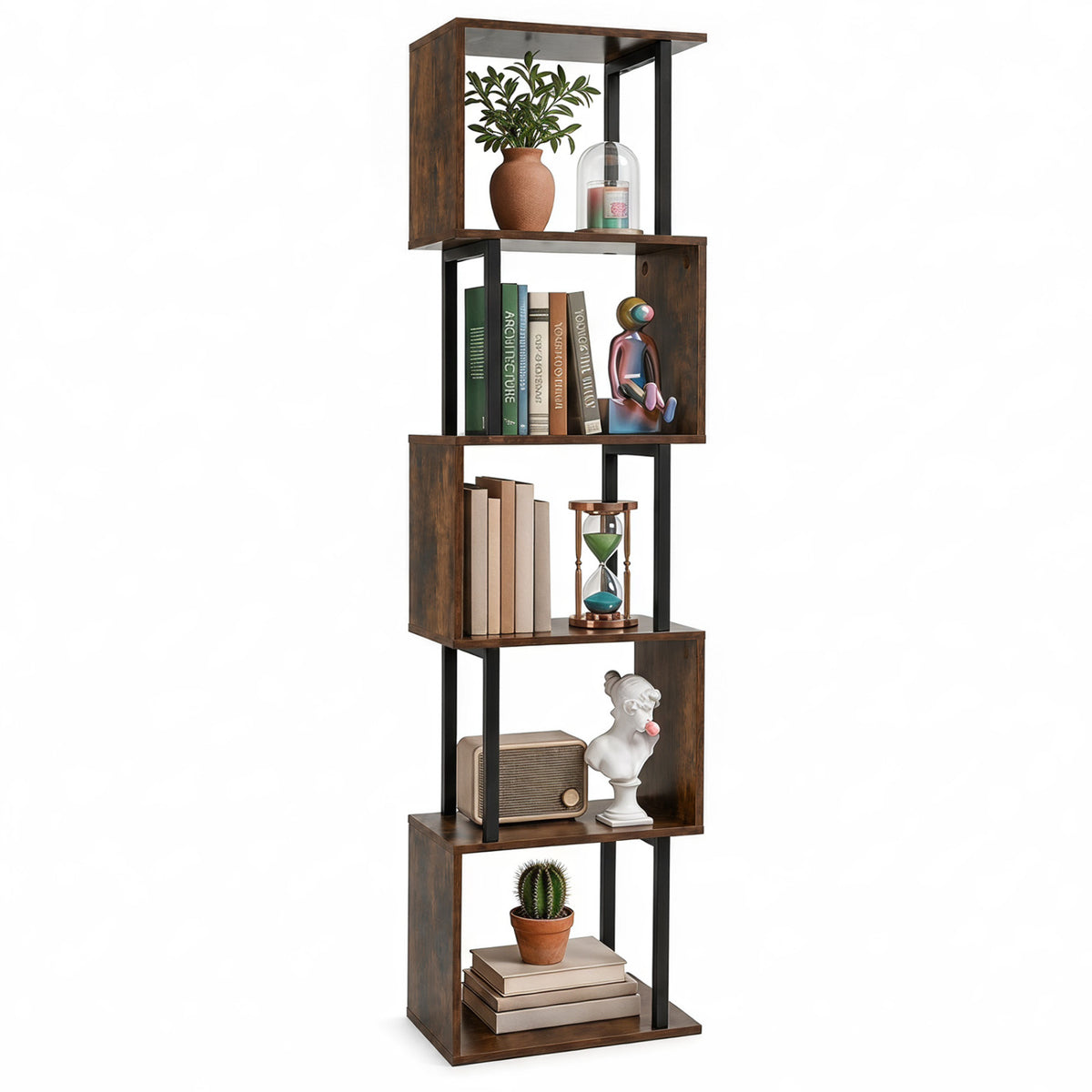 5-Tier S-Shaped Bookshelf with Open Storage - Rustic Brown