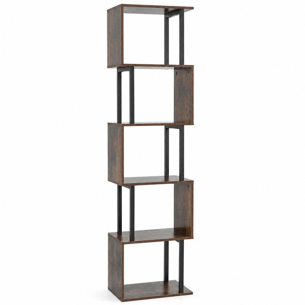 5-Tier S-Shaped Bookshelf with Open Storage - Rustic Brown