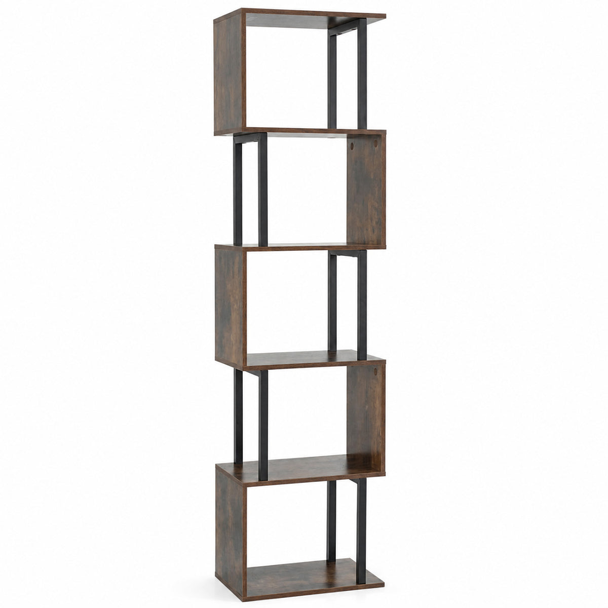 5-Tier S-Shaped Bookshelf with Open Storage - Rustic Brown