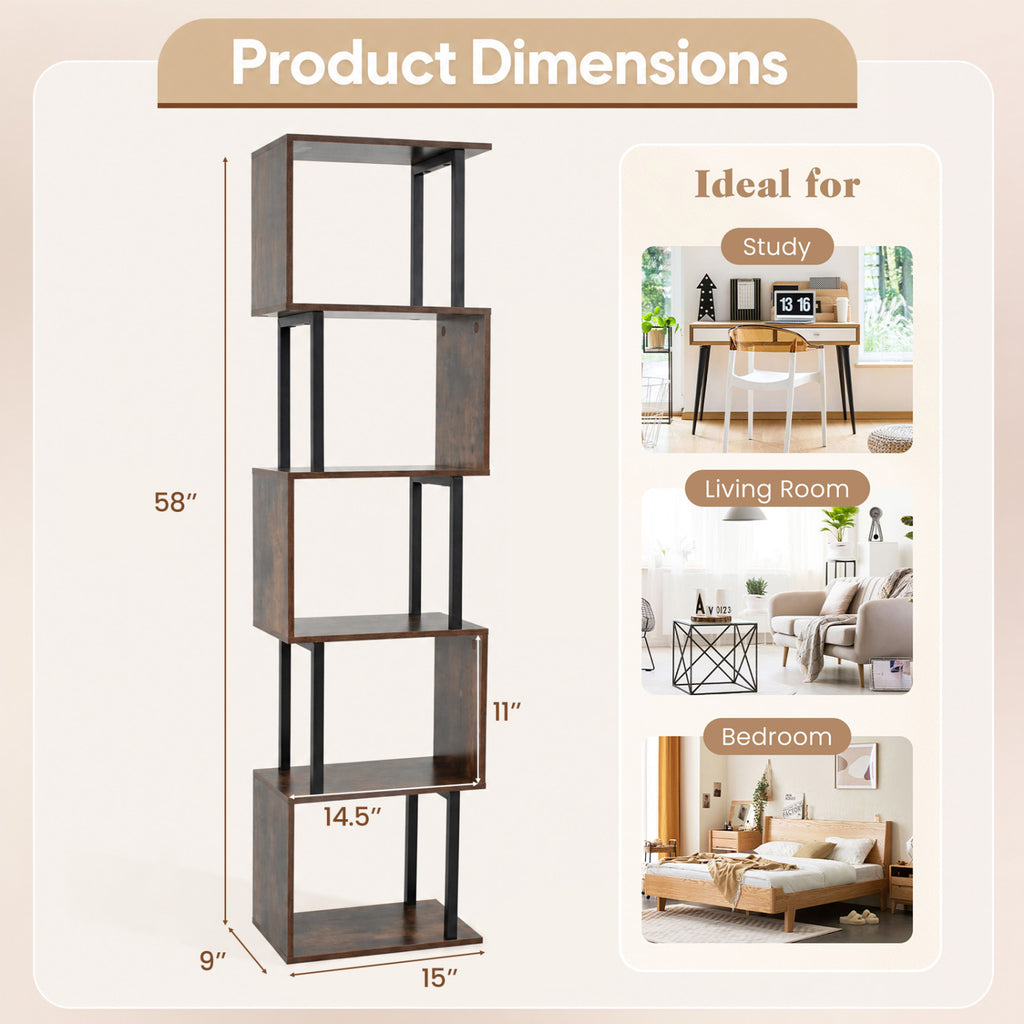 5-Tier S-Shaped Bookshelf with Open Storage - Rustic Brown