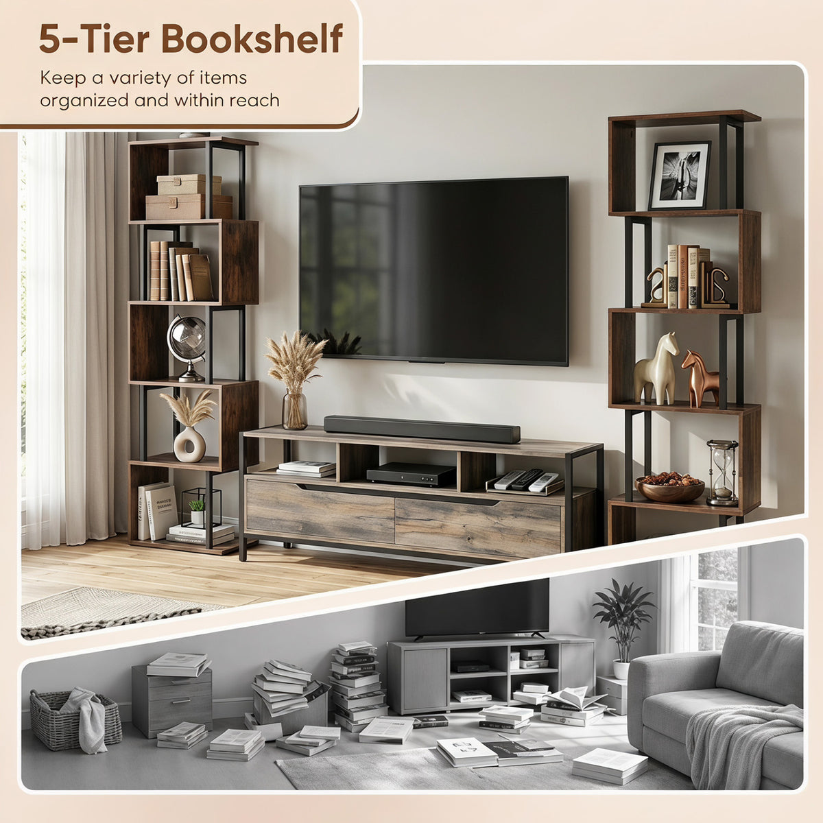 5-Tier S-Shaped Bookshelf with Open Storage - Rustic Brown
