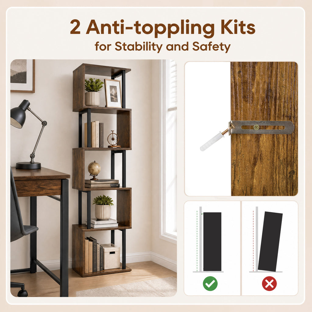 5-Tier S-Shaped Bookshelf with Open Storage - Rustic Brown