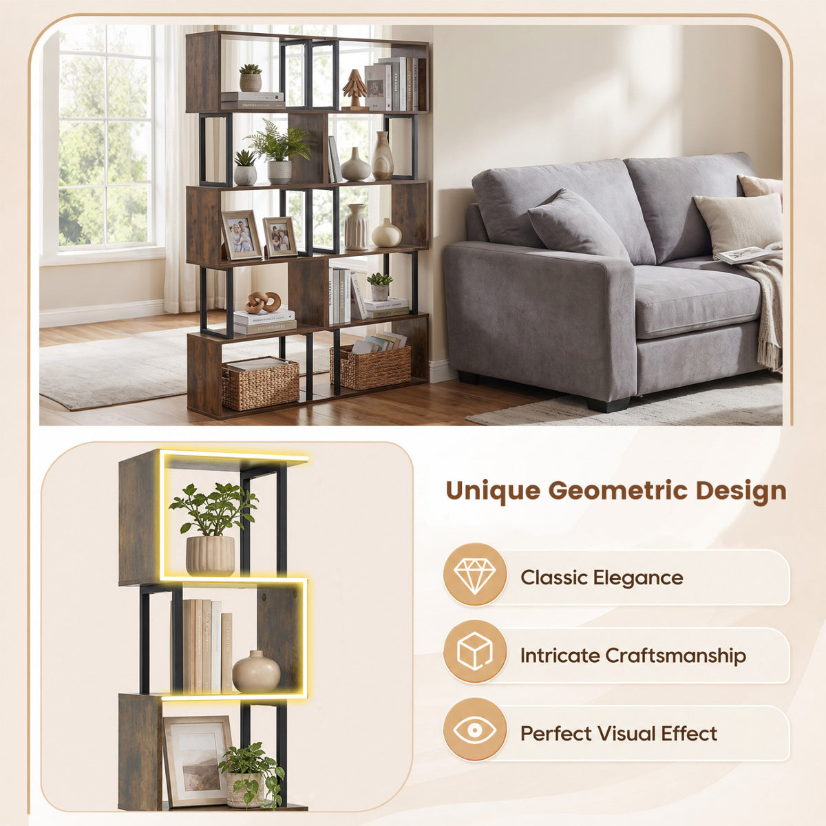 5-Tier S-Shaped Bookshelf with Open Storage - Rustic Brown