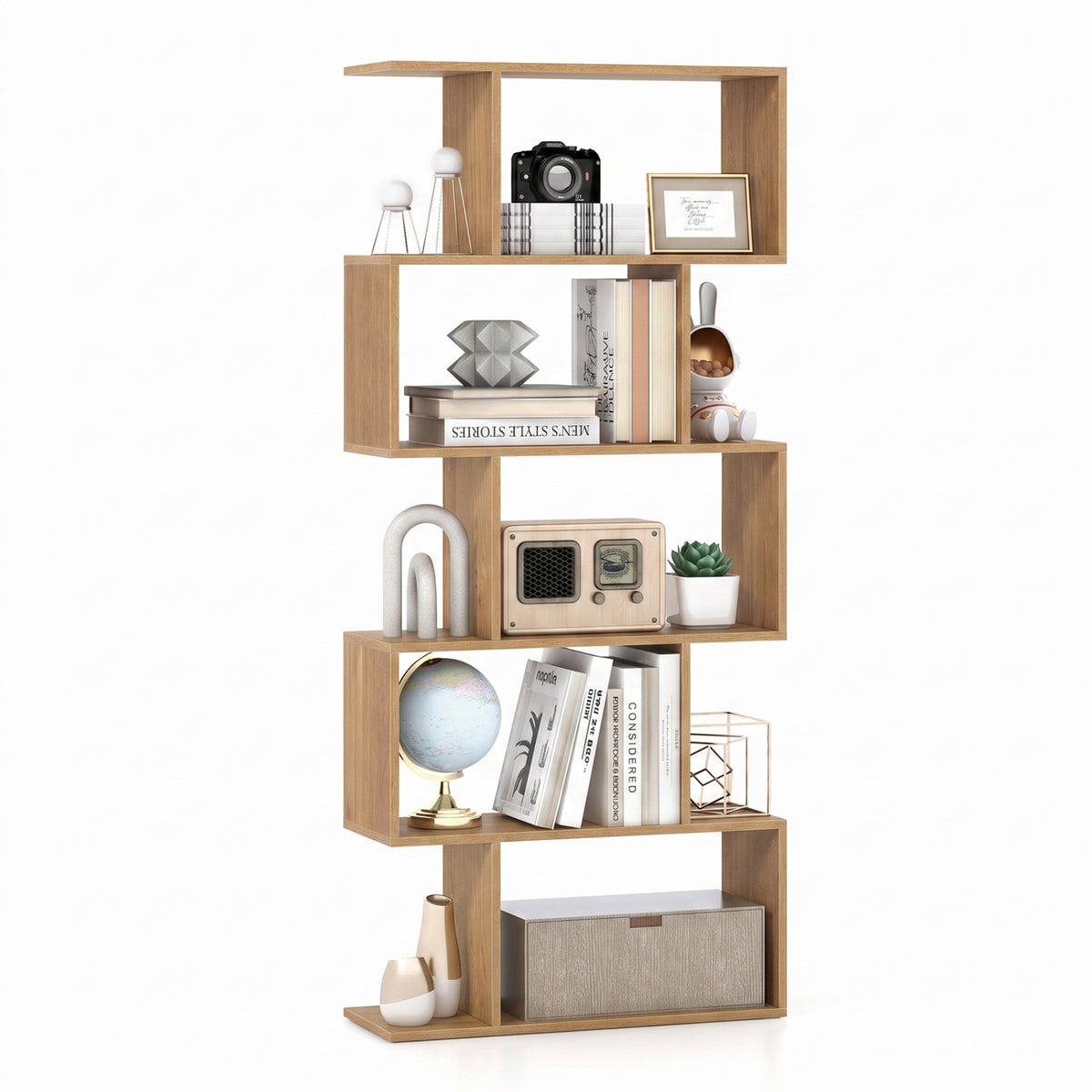 5-Tier S-Shaped Bookshelf with Anti-Tip Kit for Living Room Home