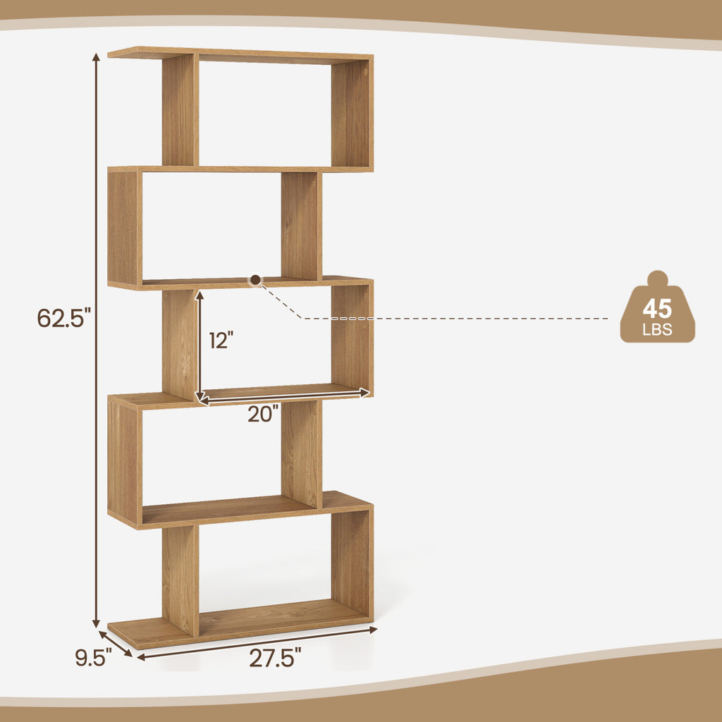 5-Tier S-Shaped Bookshelf with Anti-Tip Kit for Living Room Home