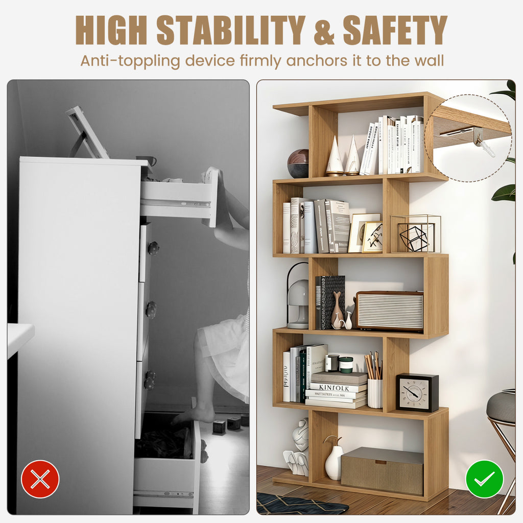 5-Tier S-Shaped Bookshelf with Anti-Tip Kit for Living Room Home