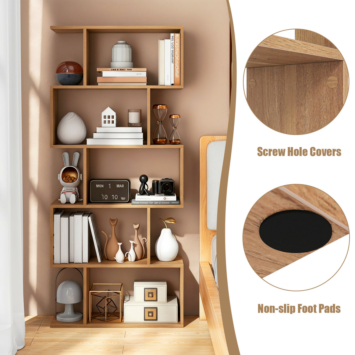 5-Tier S-Shaped Bookshelf with Anti-Tip Kit for Living Room Home