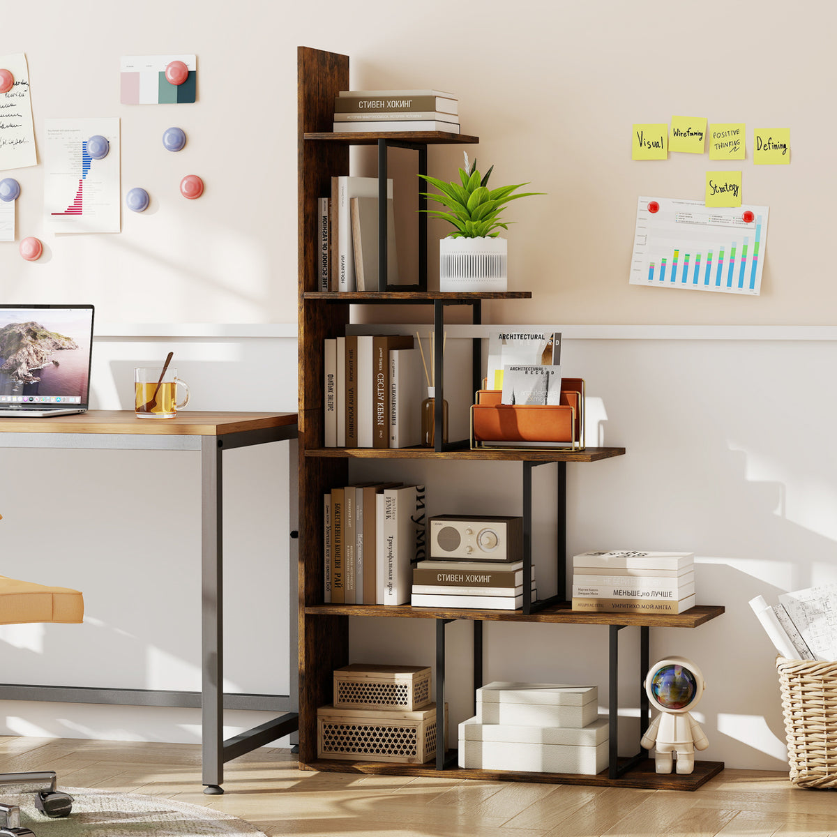 5-Tier 62 Inch Bookshelf with Metal Frame - Rustic Brown