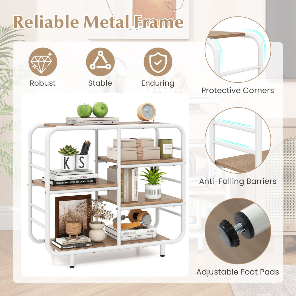 5-Tier Open Shelving Unit with Metal Frame - Natural