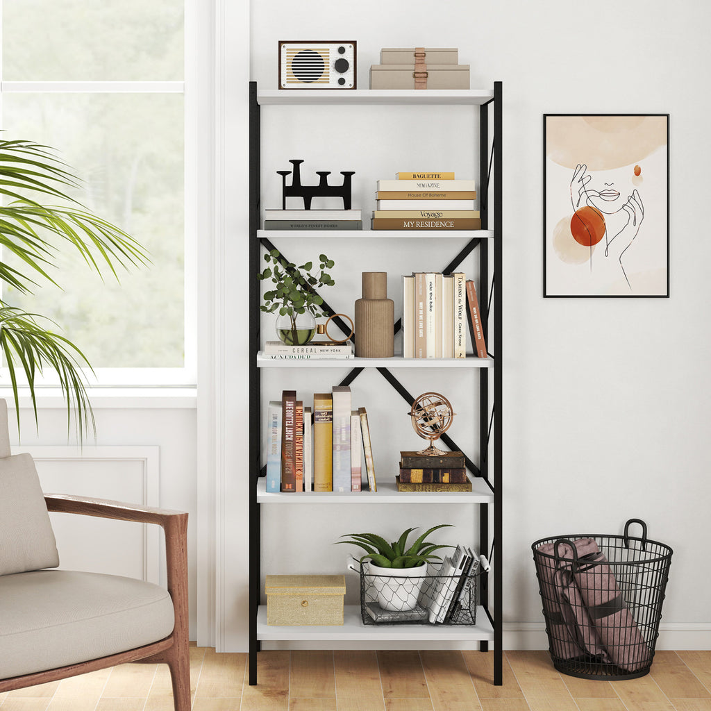 5-Tier Industrial Bookshelf with Metal Frame - White