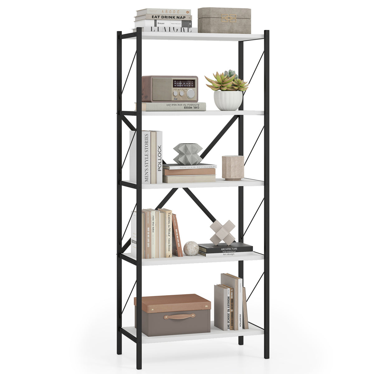 5-Tier Industrial Bookshelf with Metal Frame - White