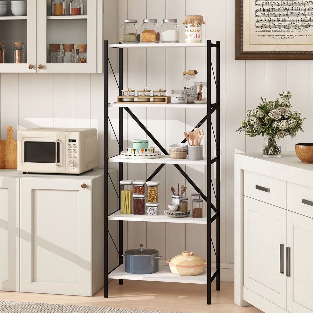 5-Tier Industrial Bookshelf with Metal Frame - White
