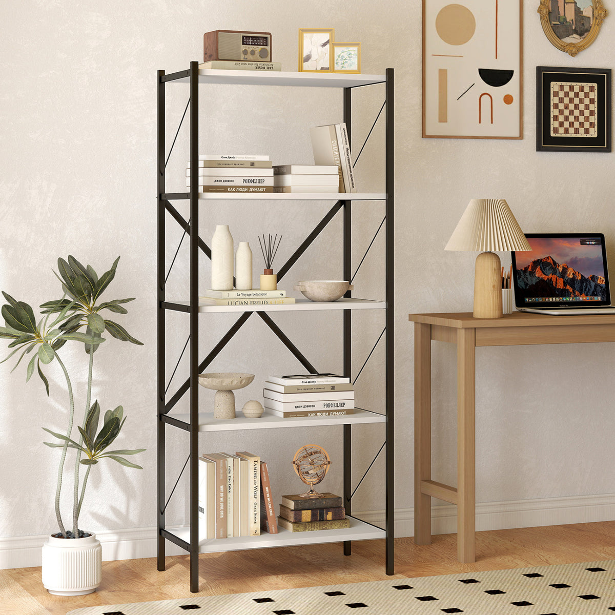 5-Tier Industrial Bookshelf with Metal Frame - White