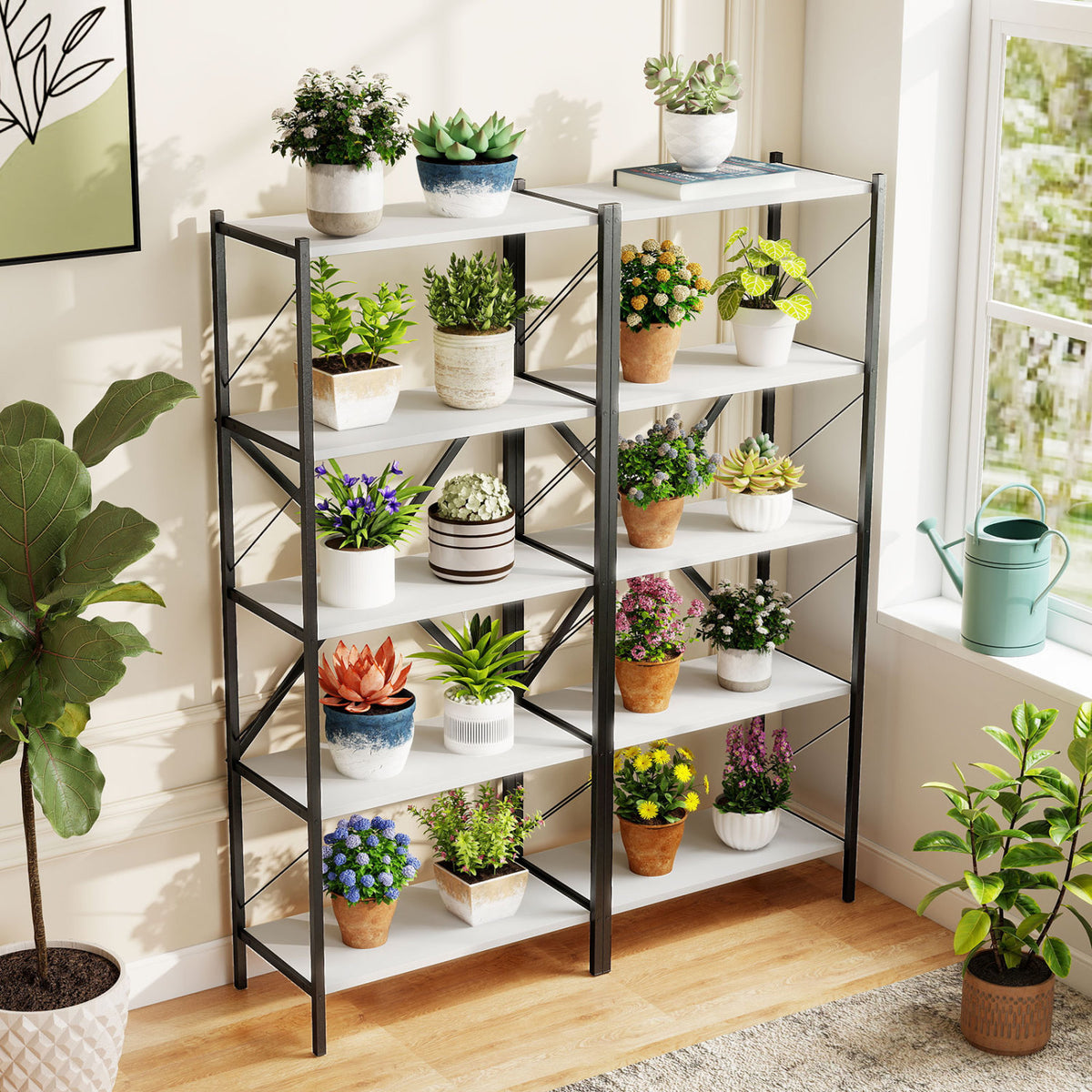 5-Tier Industrial Bookshelf with Metal Frame - White