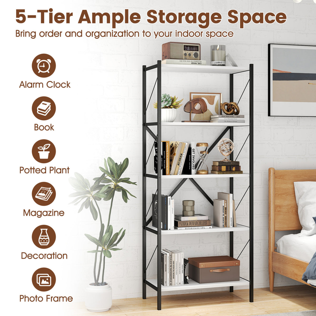 5-Tier Industrial Bookshelf with Metal Frame - White