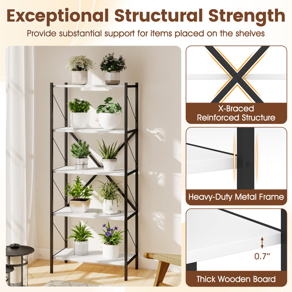 5-Tier Industrial Bookshelf with Metal Frame - White