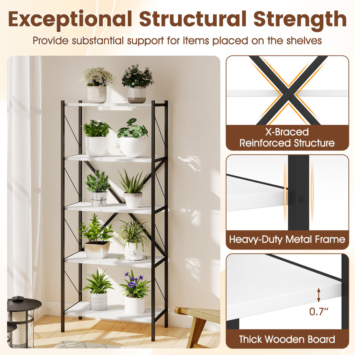 5-Tier Industrial Bookshelf with Metal Frame - White
