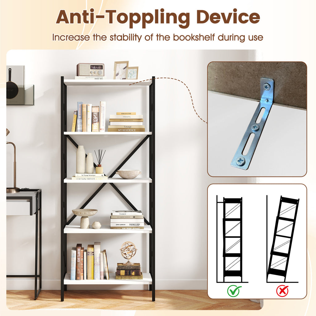5-Tier Industrial Bookshelf with Metal Frame - White