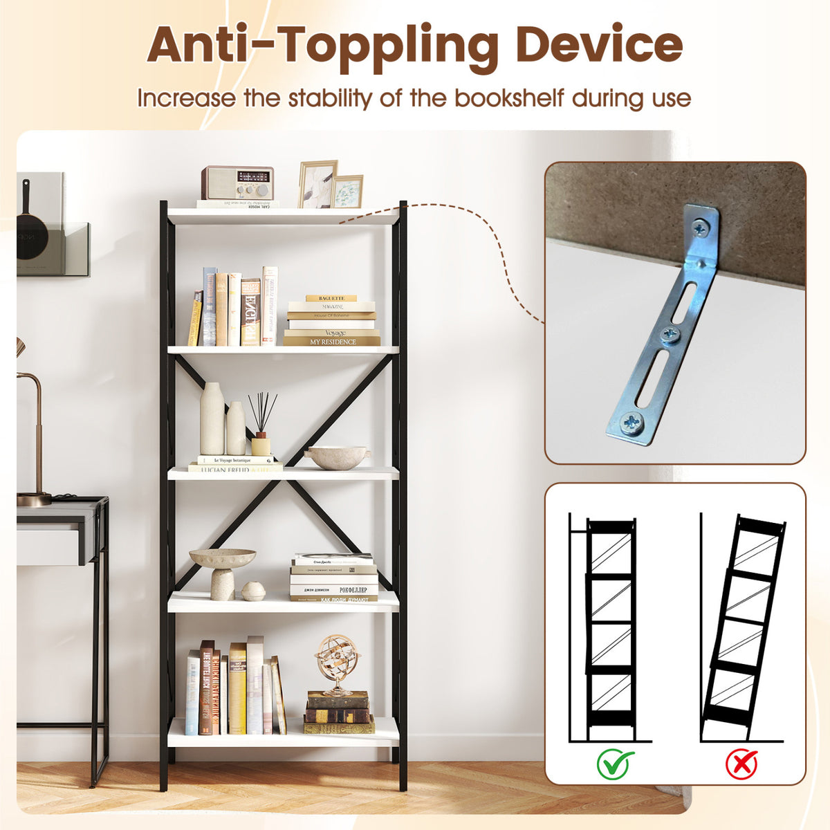 5-Tier Industrial Bookshelf with Metal Frame - White