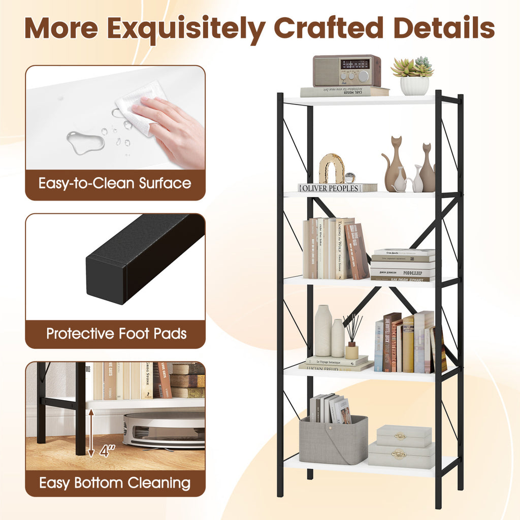 5-Tier Industrial Bookshelf with Metal Frame - White