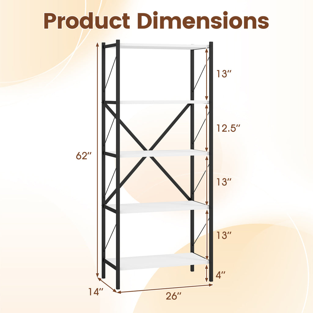5-Tier Industrial Bookshelf with Metal Frame - White