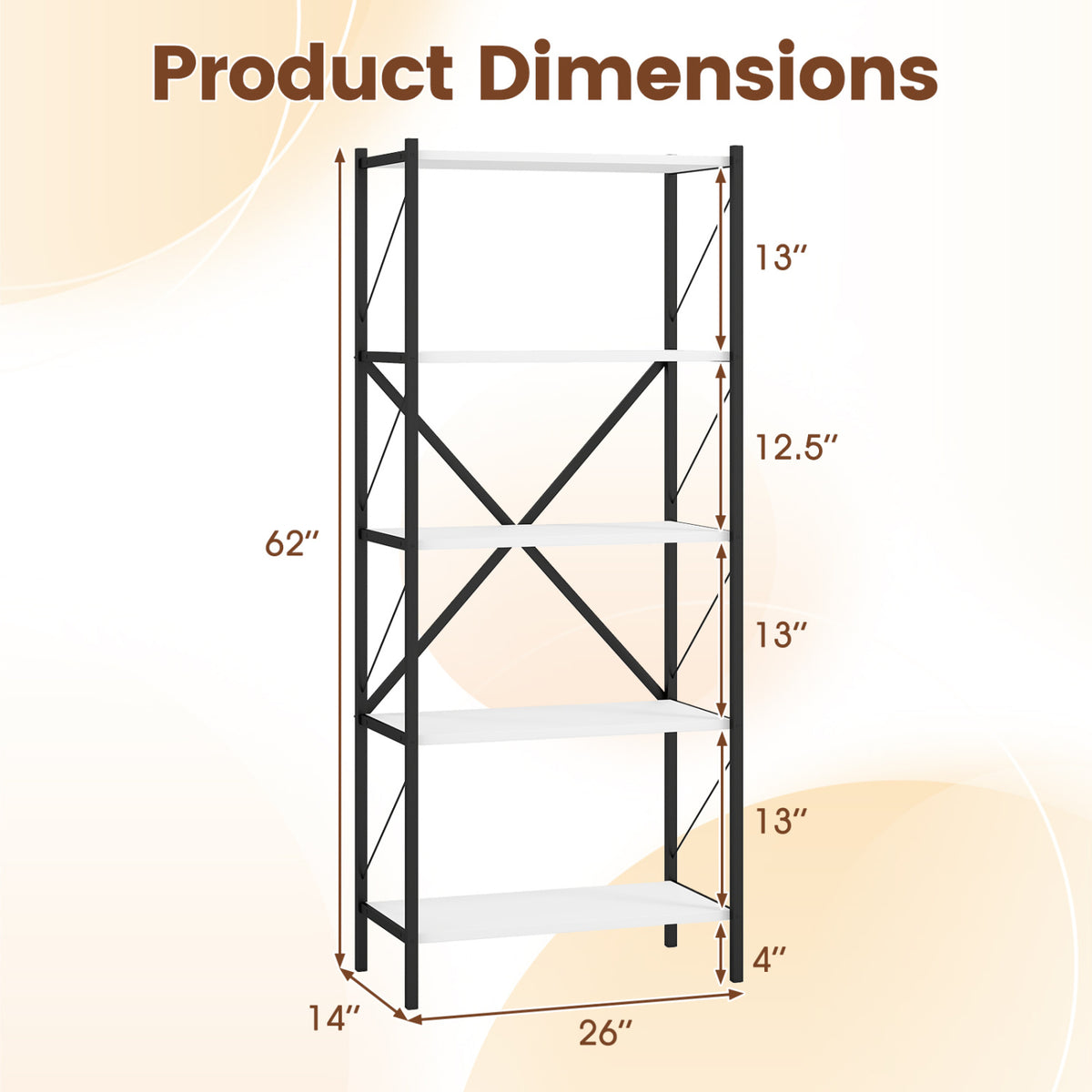 5-Tier Industrial Bookshelf with Metal Frame - White