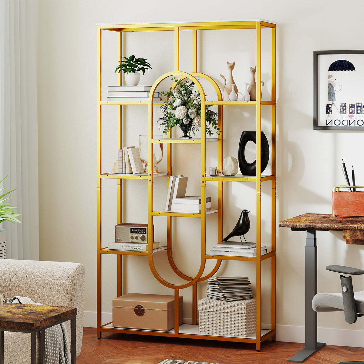 5-Tier Oval Bookcase with Open Shelves - White