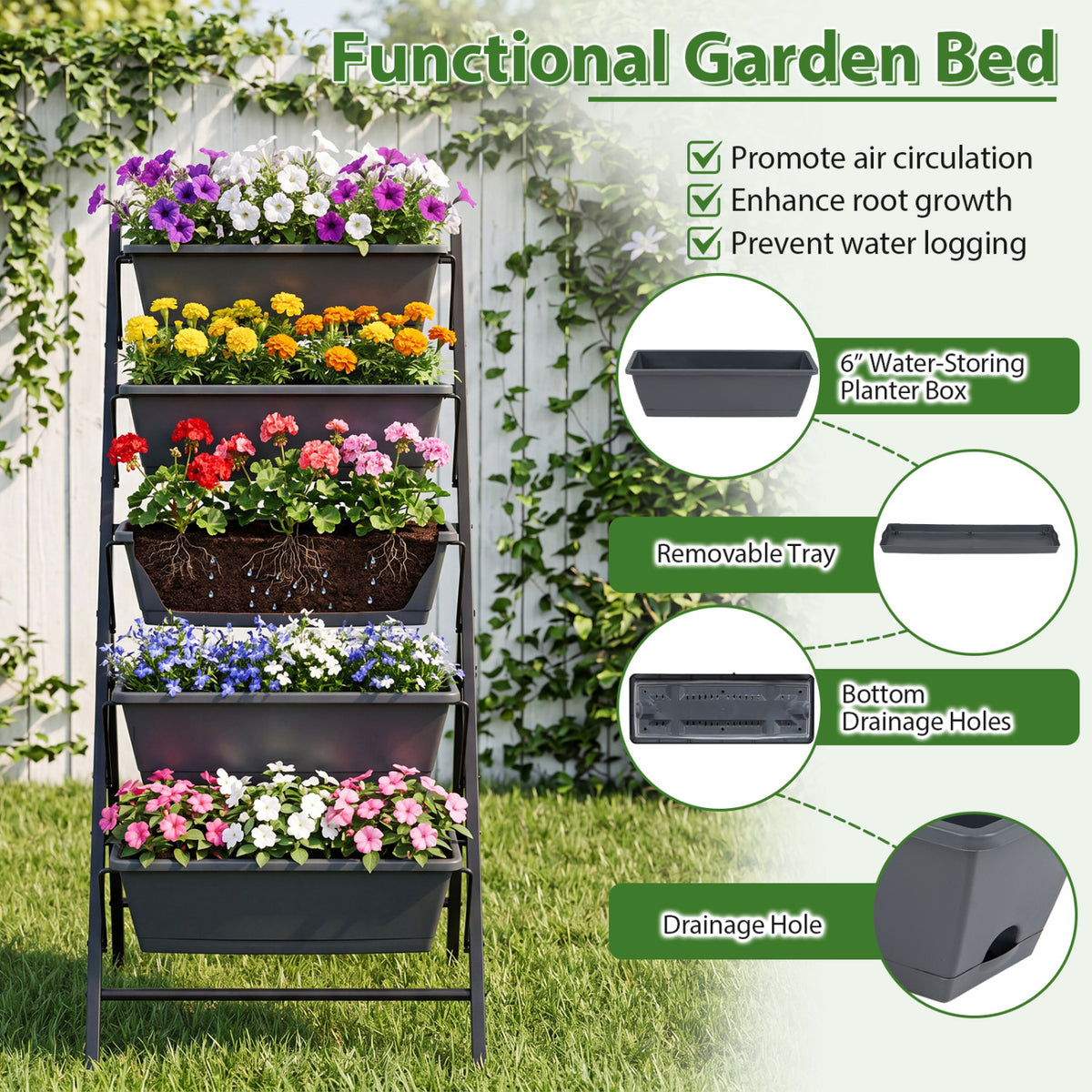 5-Tier Vertical Raised Garden Bed with Drainage System and Removable