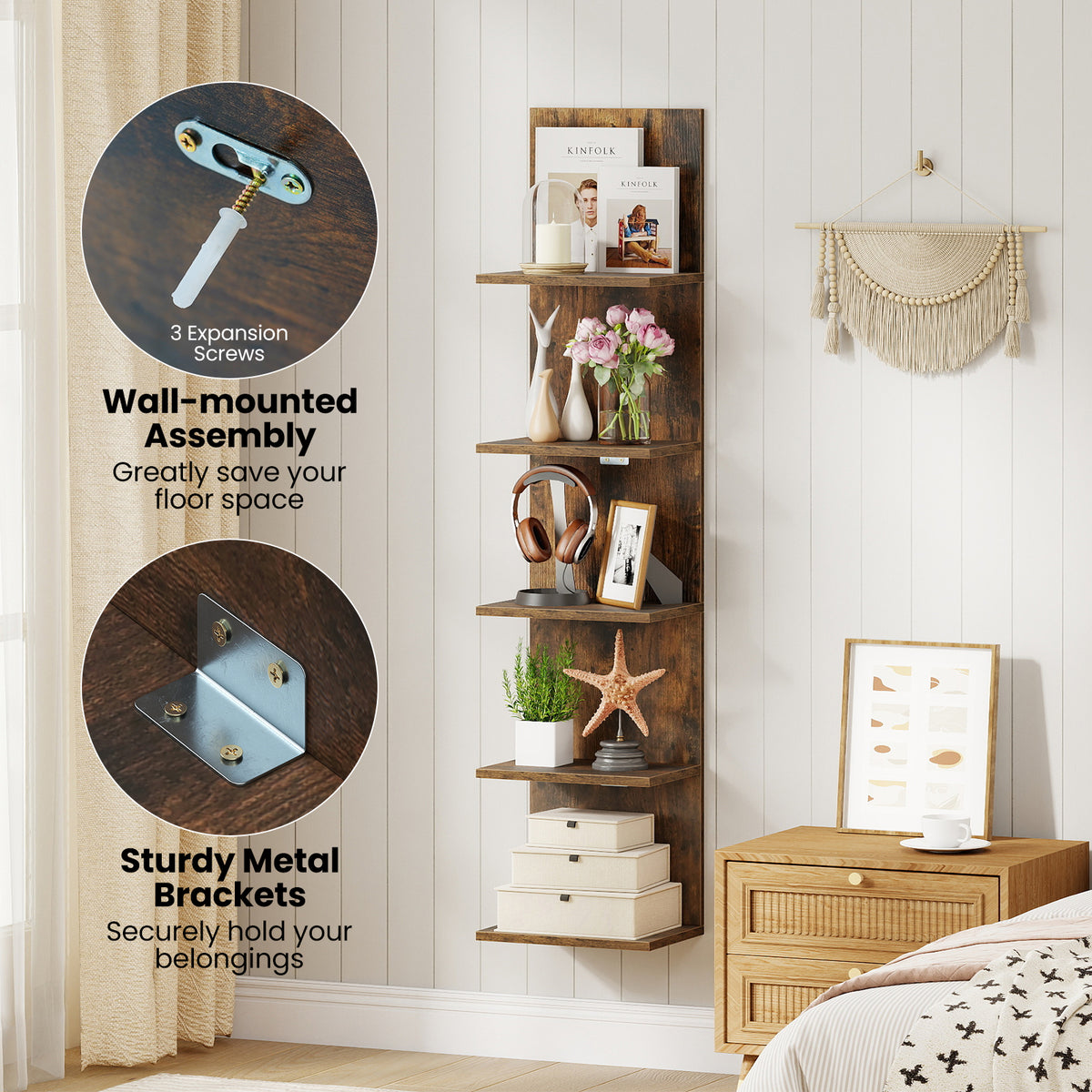 5-Tier Wall Mounted Shelf Unit - Rustic Brown Wood Grain
