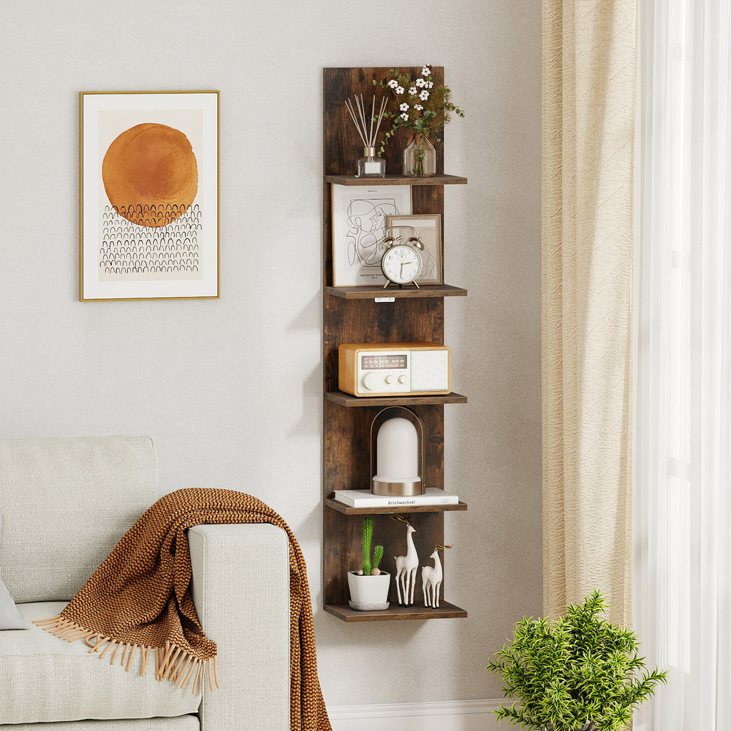 5-Tier Wall Mounted Shelf Unit - Rustic Brown Wood Grain