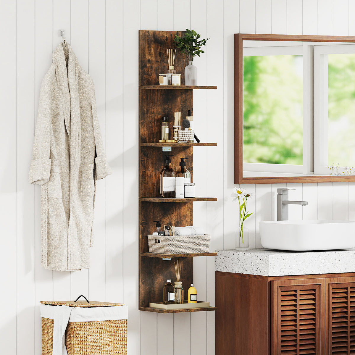 5-Tier Wall Mounted Shelf Unit - Rustic Brown Wood Grain
