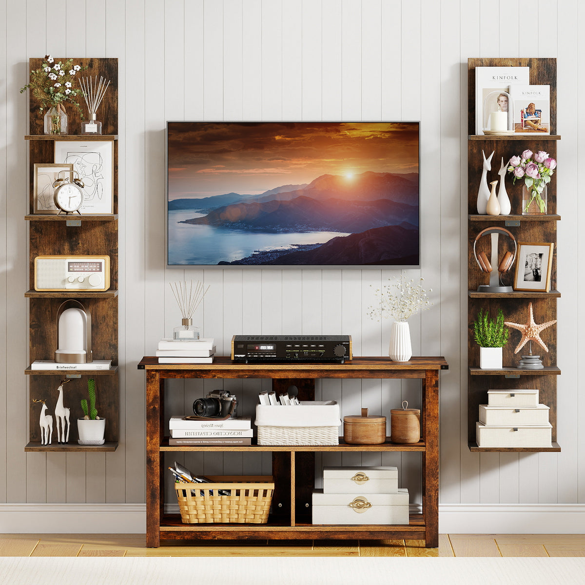 5-Tier Wall Mounted Shelf Unit - Rustic Brown Wood Grain