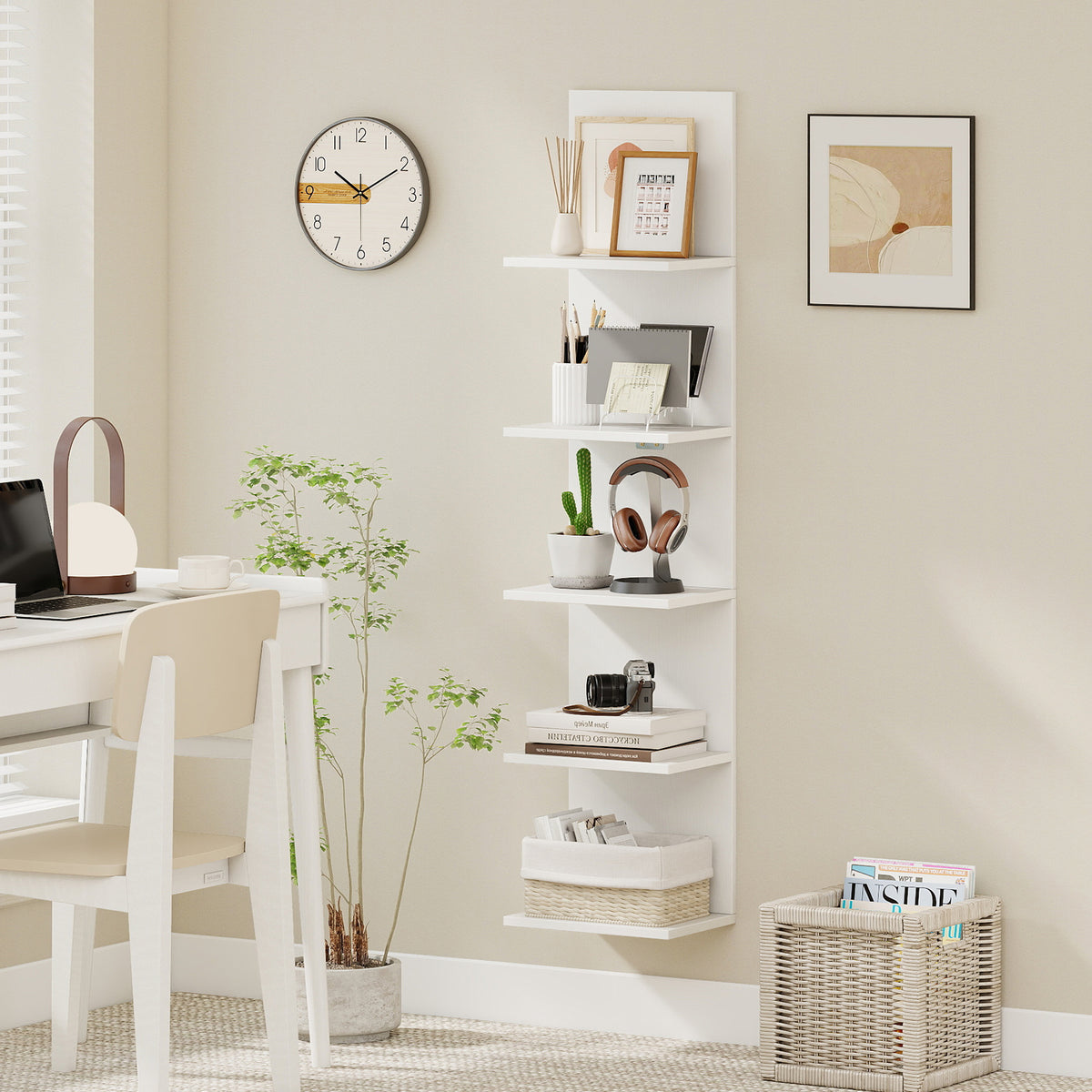 5-Tier Wall Mounted Shelf Unit - Rustic Brown Wood Grain