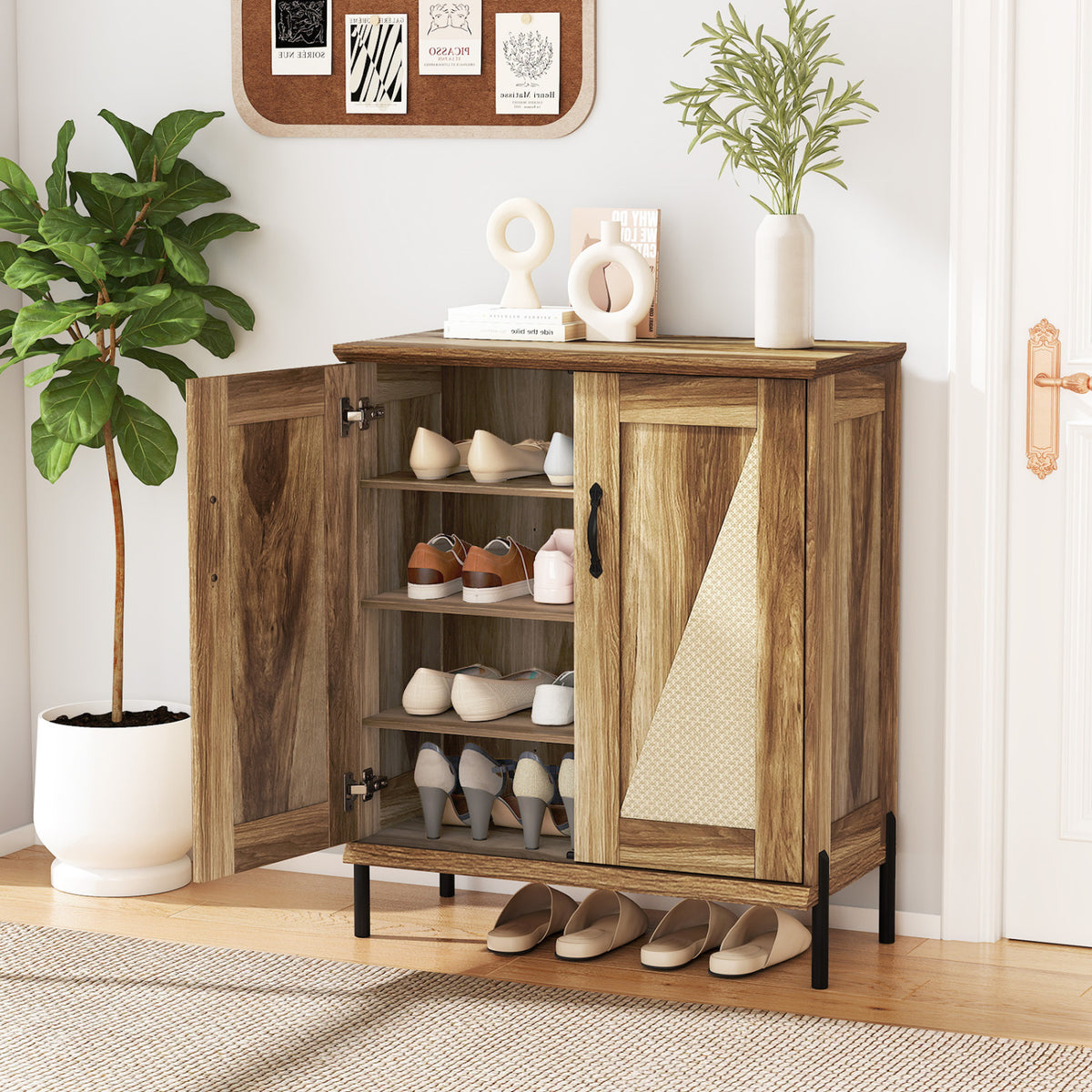 5-Tier Wooden Farmhouse Shoe Cabinet with Woven Rattan Doors