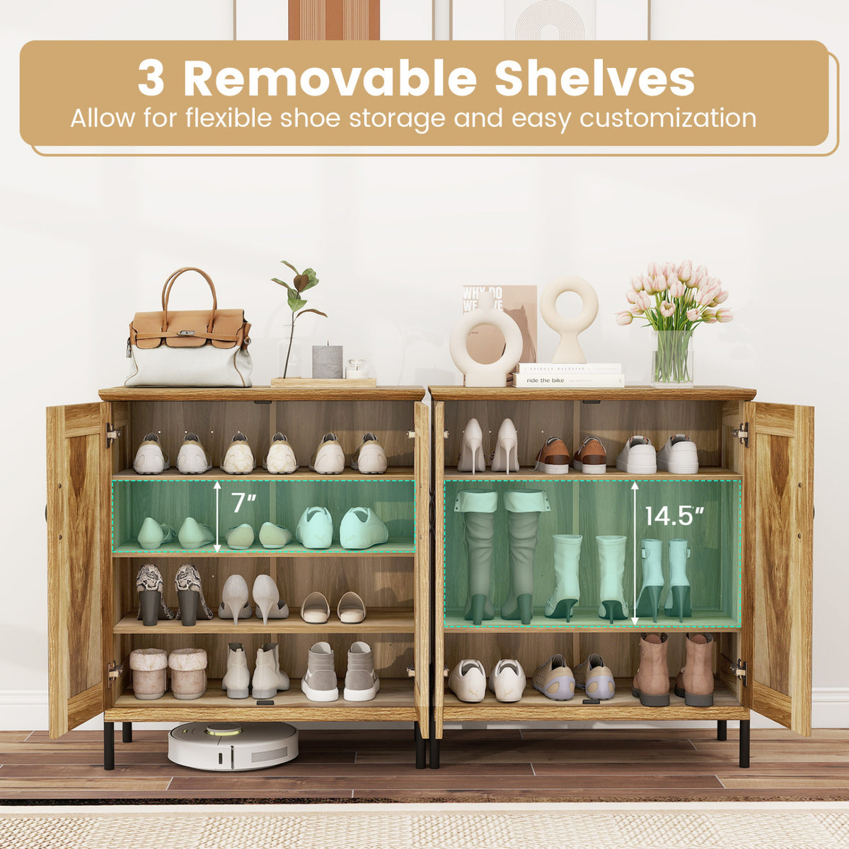 5-Tier Wooden Farmhouse Shoe Cabinet with Woven Rattan Doors