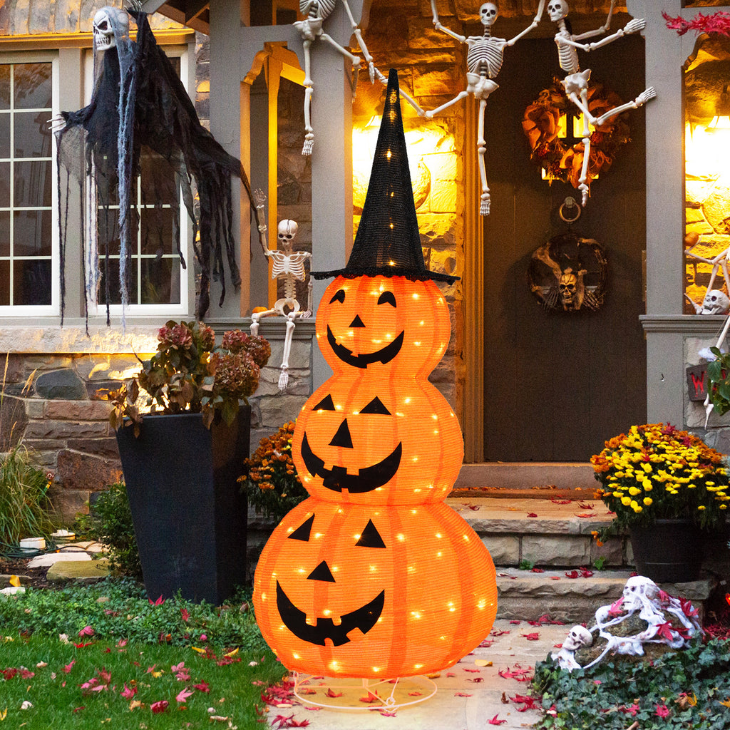 Lighted Stacked Pumpkins Halloween Decoration with Witch Hat - 3 Pumpkins