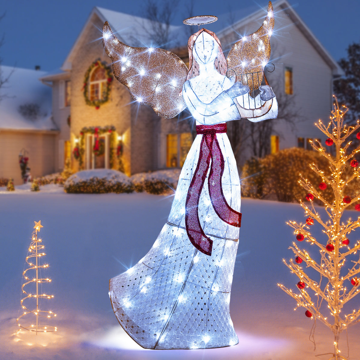 5 ft Christmas Lighted Angel with Harp and 120 White LED Lights for Indoor Outdoor Decor