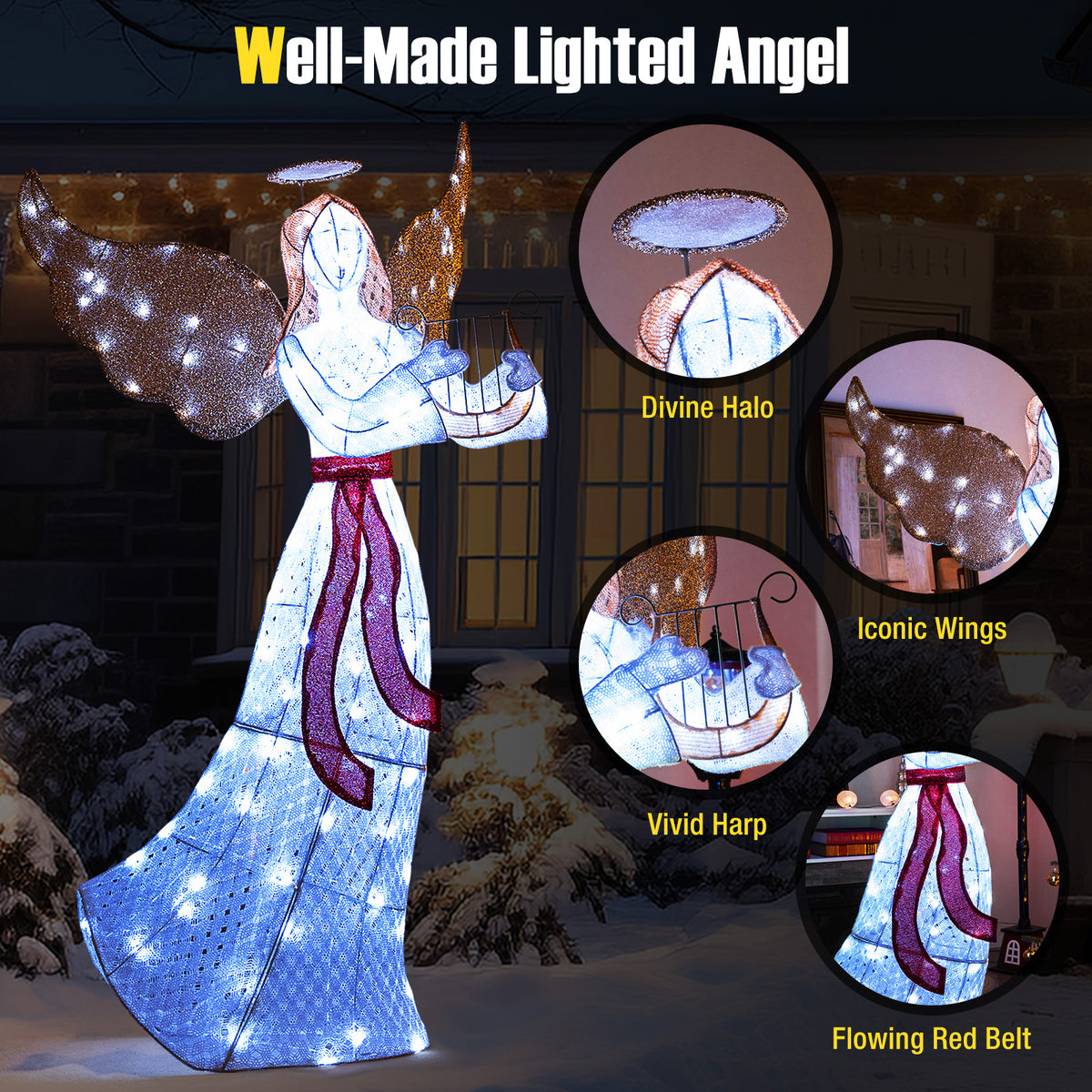 5 ft Christmas Lighted Angel with Harp and 120 White LED Lights for Indoor Outdoor Decor